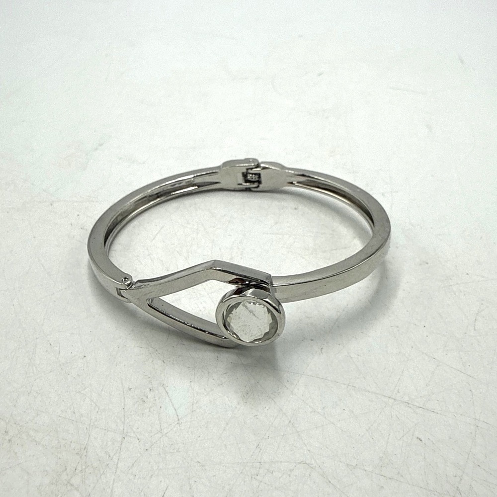 Silver Tone Clear Crystal Geometric Bypass Hinge Bangle Bracelet